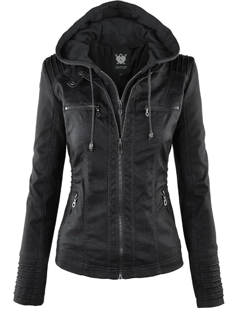 Women's Faux Leather Moto Biker Jacket Coat with Removable or Non-Removable Hood